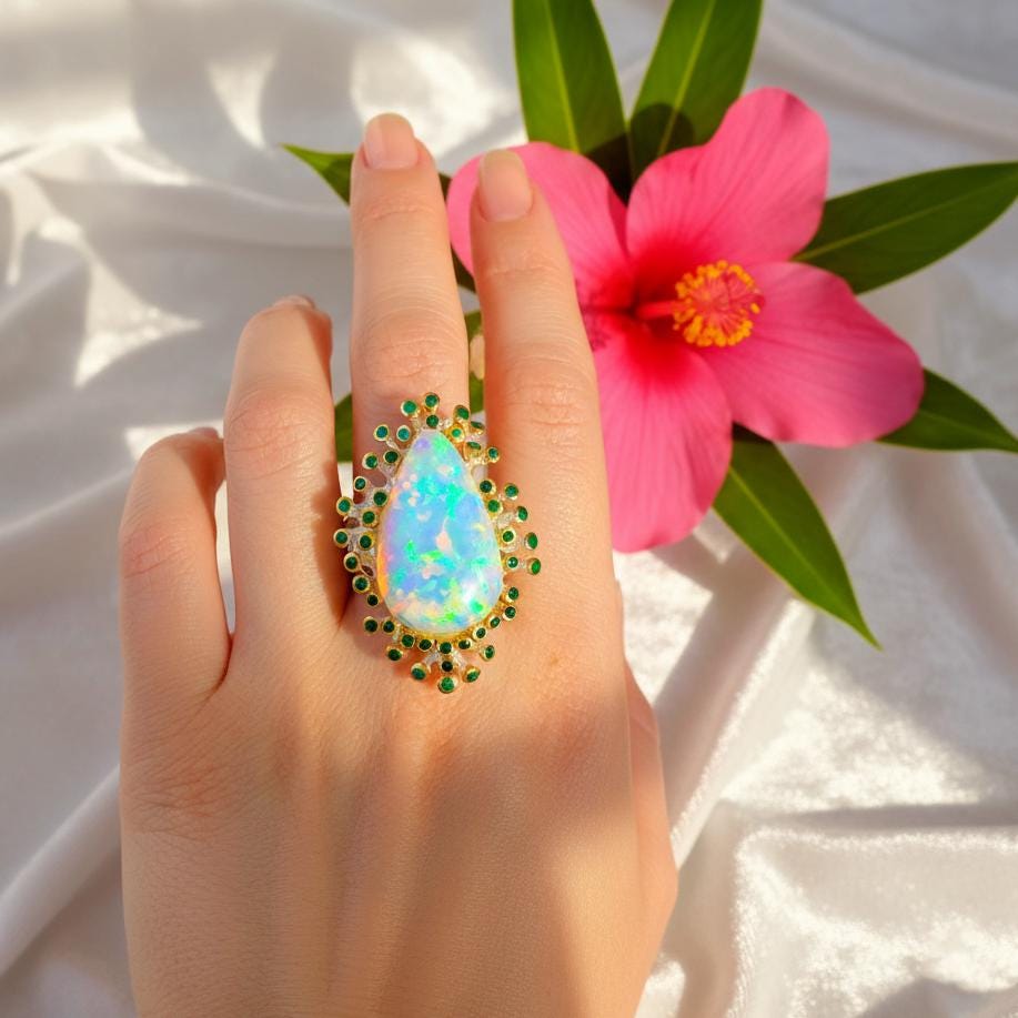 925 Sterling Silver Fire Opal Ring, worn on hand