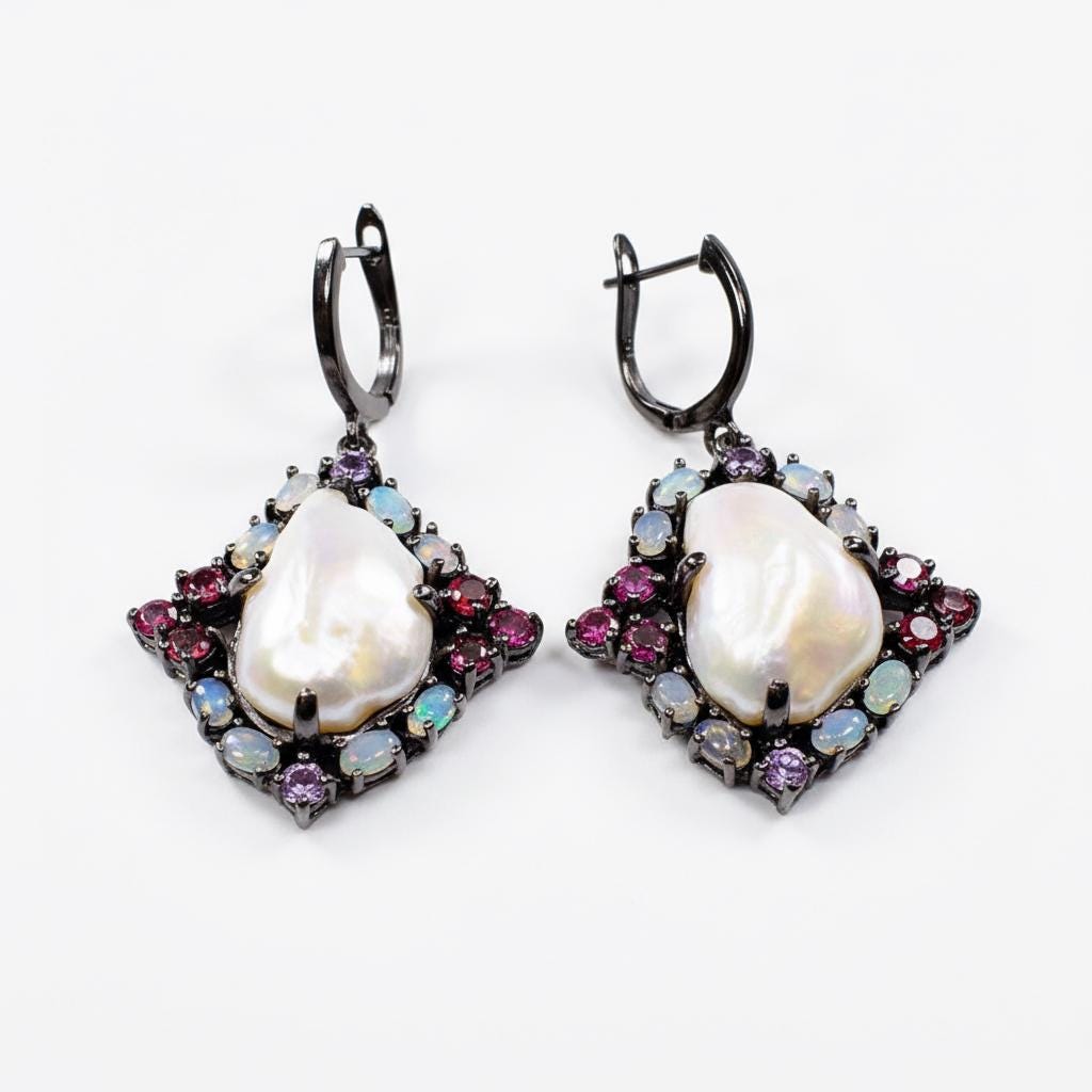925 Sterling Silver Pearl Dangle Earrings, side angle