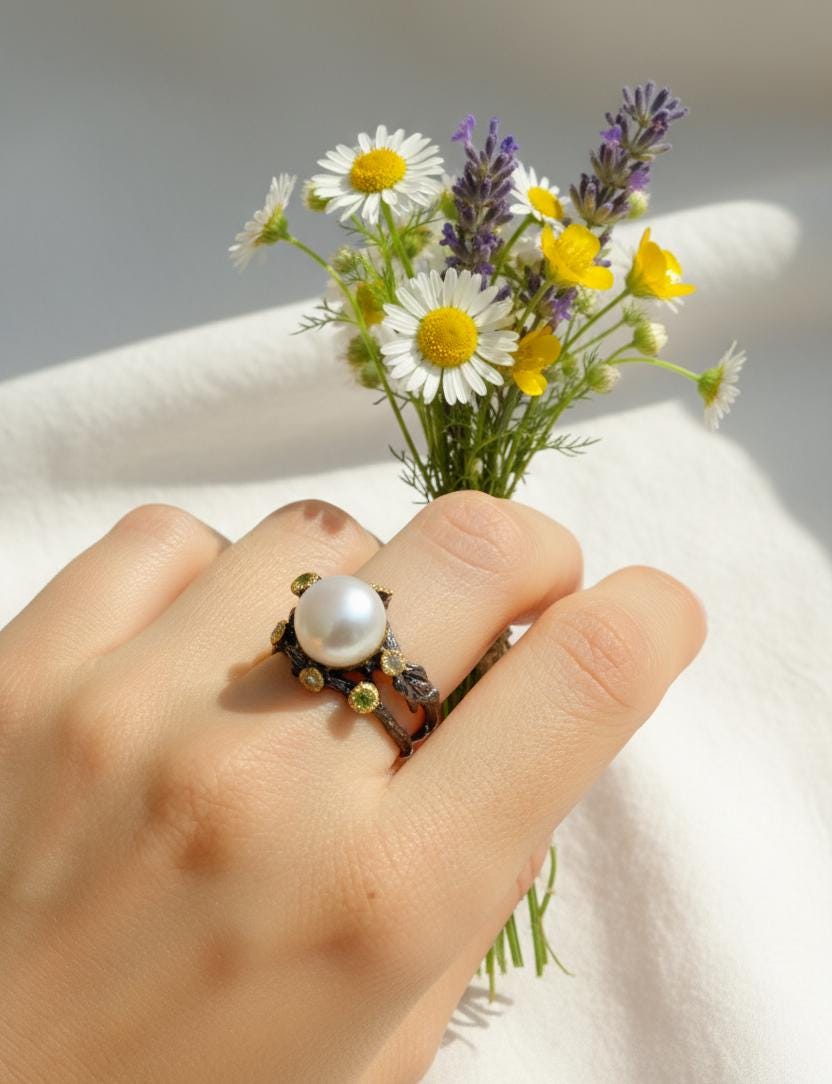 925 Sterling Silver Freshwater Pearl Ring, worn look