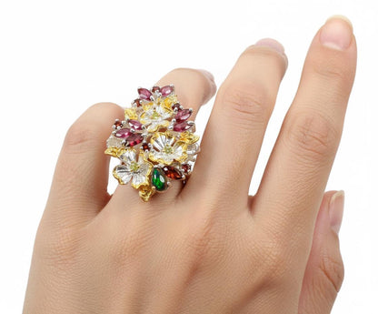 925 Sterling Silver Garnet Flower Ring, close-up detail