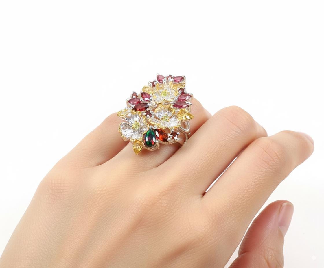 925 Sterling Silver Garnet Flower Ring, worn on hand