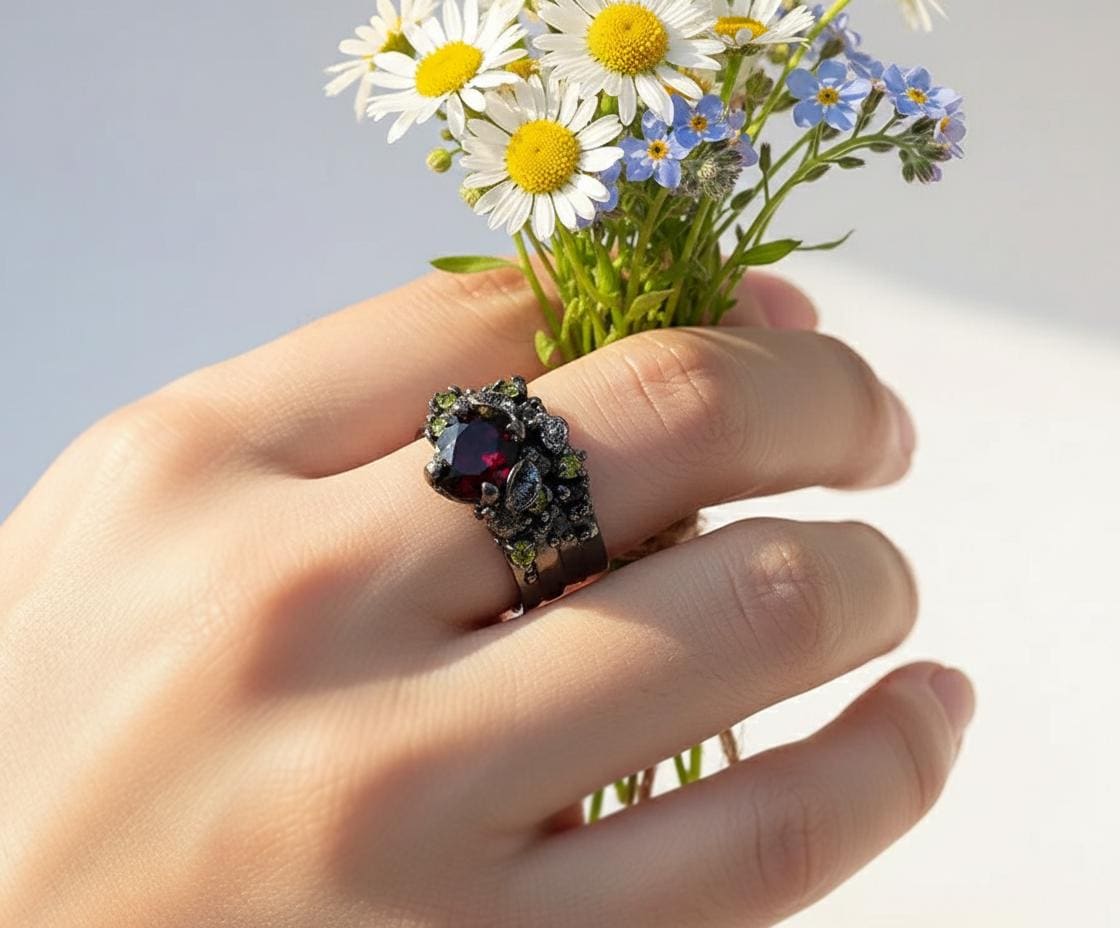 925 Sterling Silver Red Garnet Ring, alternate angle