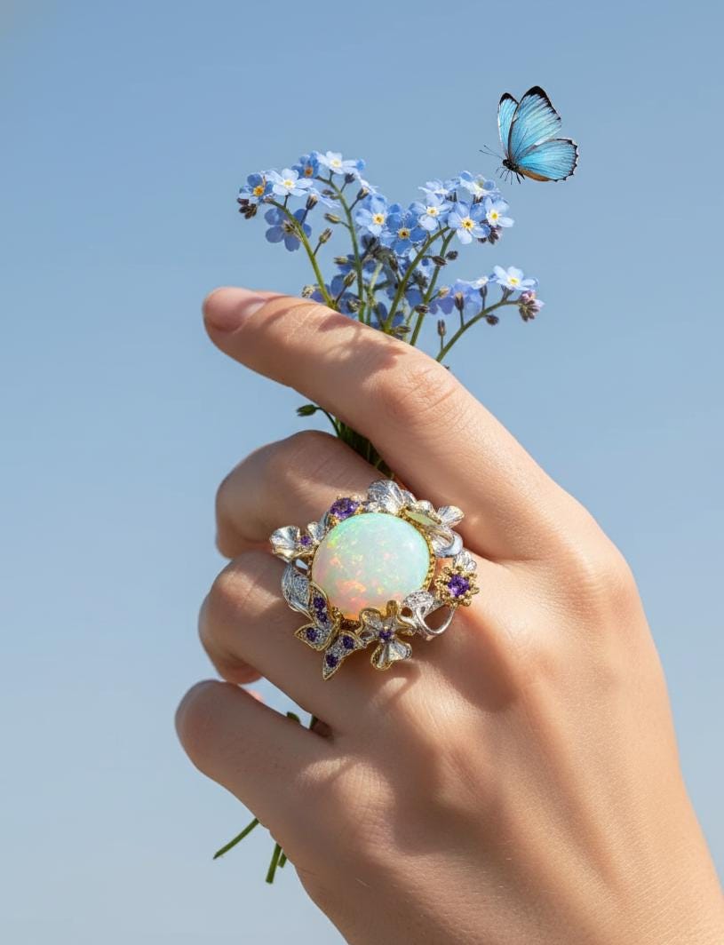 925 Sterling Silver Genuine Opal Ring, worn look