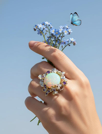 925 Sterling Silver Genuine Opal Ring, worn look