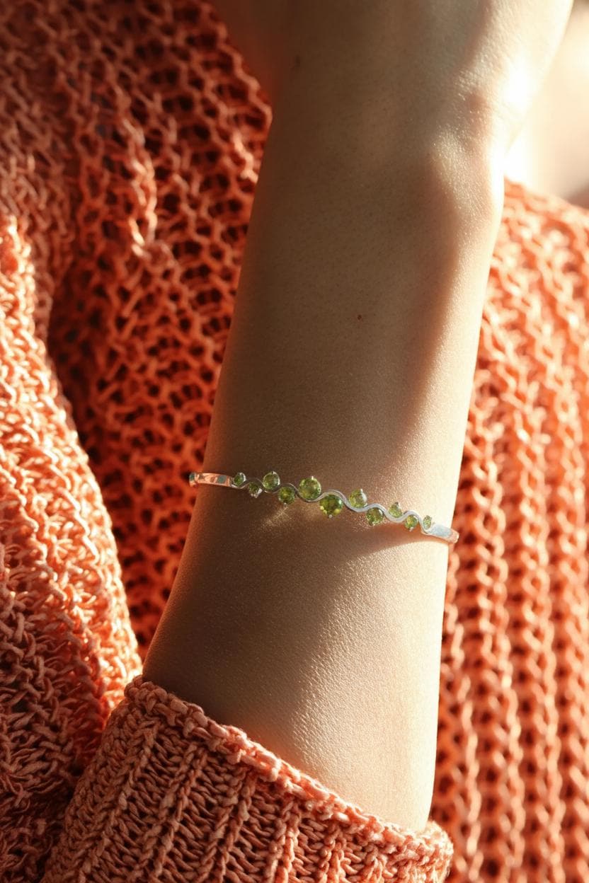 925 Sterling Silver Green Peridot Cuff Bracelet, worn on wrist