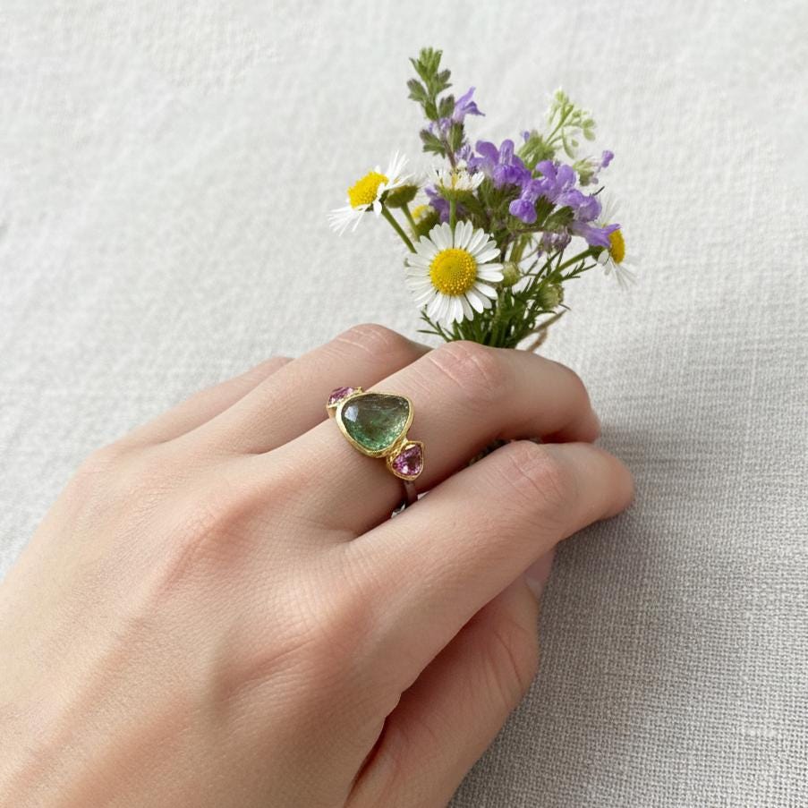 925 Sterling Silver Green Pink Tourmaline Ring, close-up detail