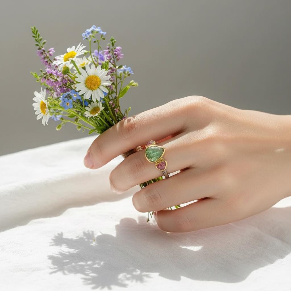 925 Sterling Silver Green Pink Tourmaline Ring, side view