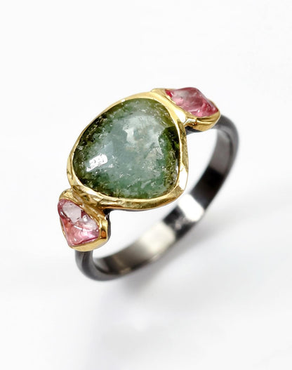 925 Sterling Silver Green Pink Tourmaline Ring, worn on hand