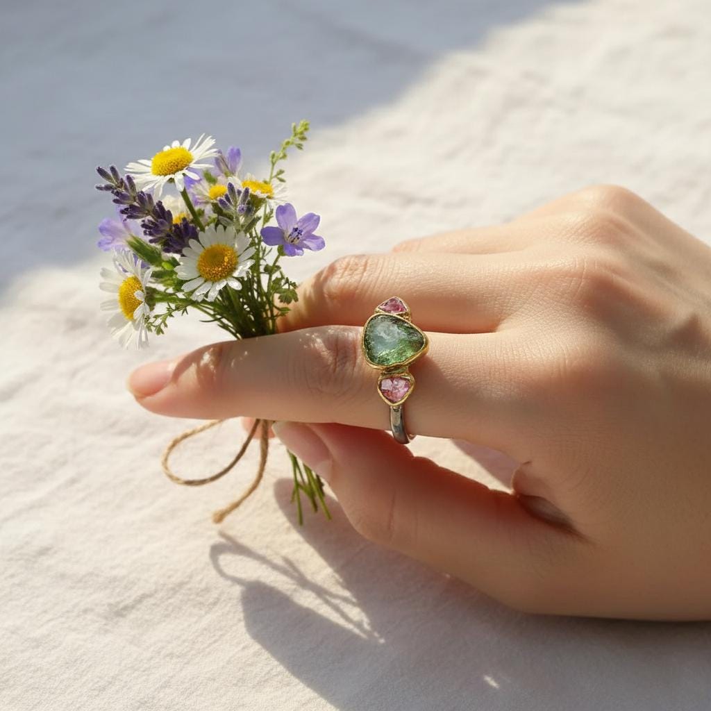 925 Sterling Silver Green Pink Tourmaline Ring, worn look