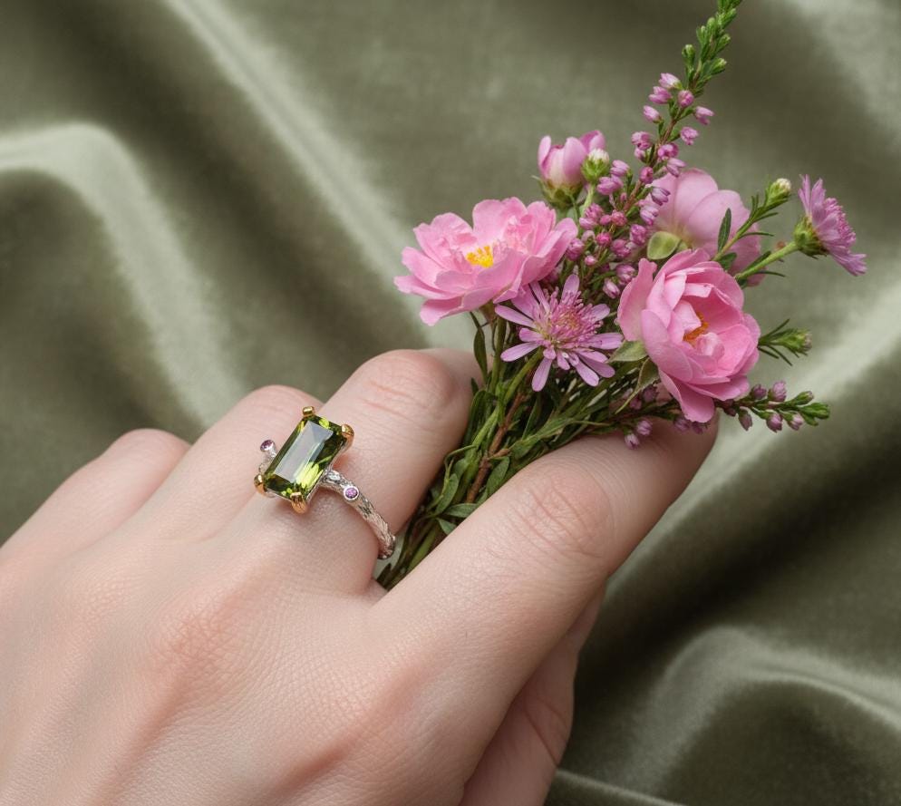 925 Sterling Silver Green Tourmaline Ring, close-up detail