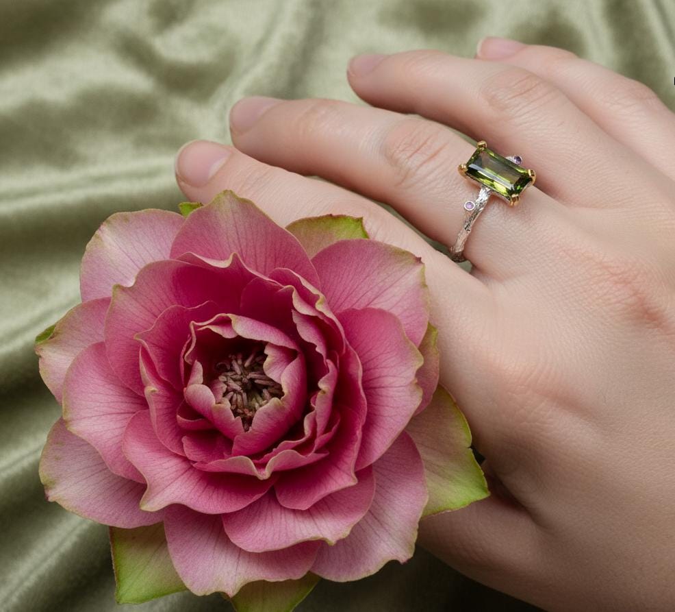 925 Sterling Silver Green Tourmaline Ring, side view