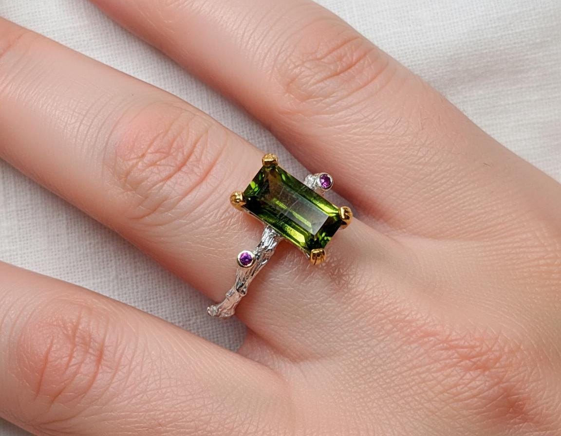 925 Sterling Silver Green Tourmaline Ring, worn on hand