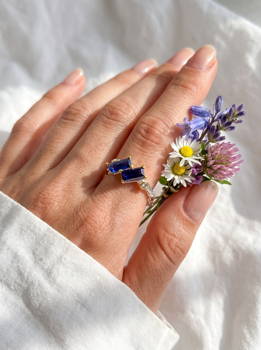 925 Sterling Silver Blue Iolite Ring, worn on hand