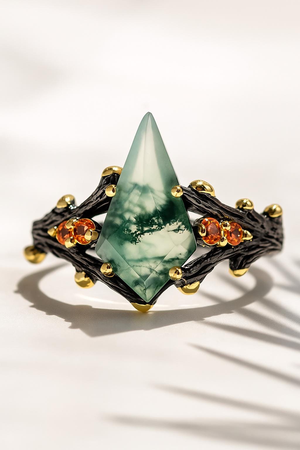 925 Sterling Silver Moss Agate Kite Ring, worn on hand