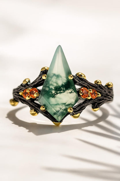 925 Sterling Silver Moss Agate Kite Ring, worn on hand