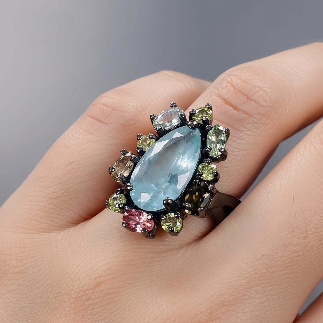 925 Sterling Silver Kyanite Tourmaline Ring, close-up detail
