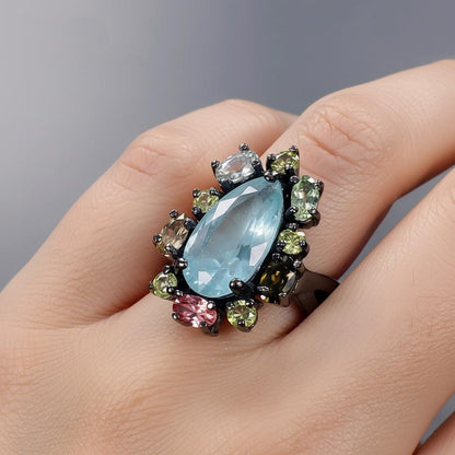 925 Sterling Silver Kyanite Tourmaline Ring, close-up detail