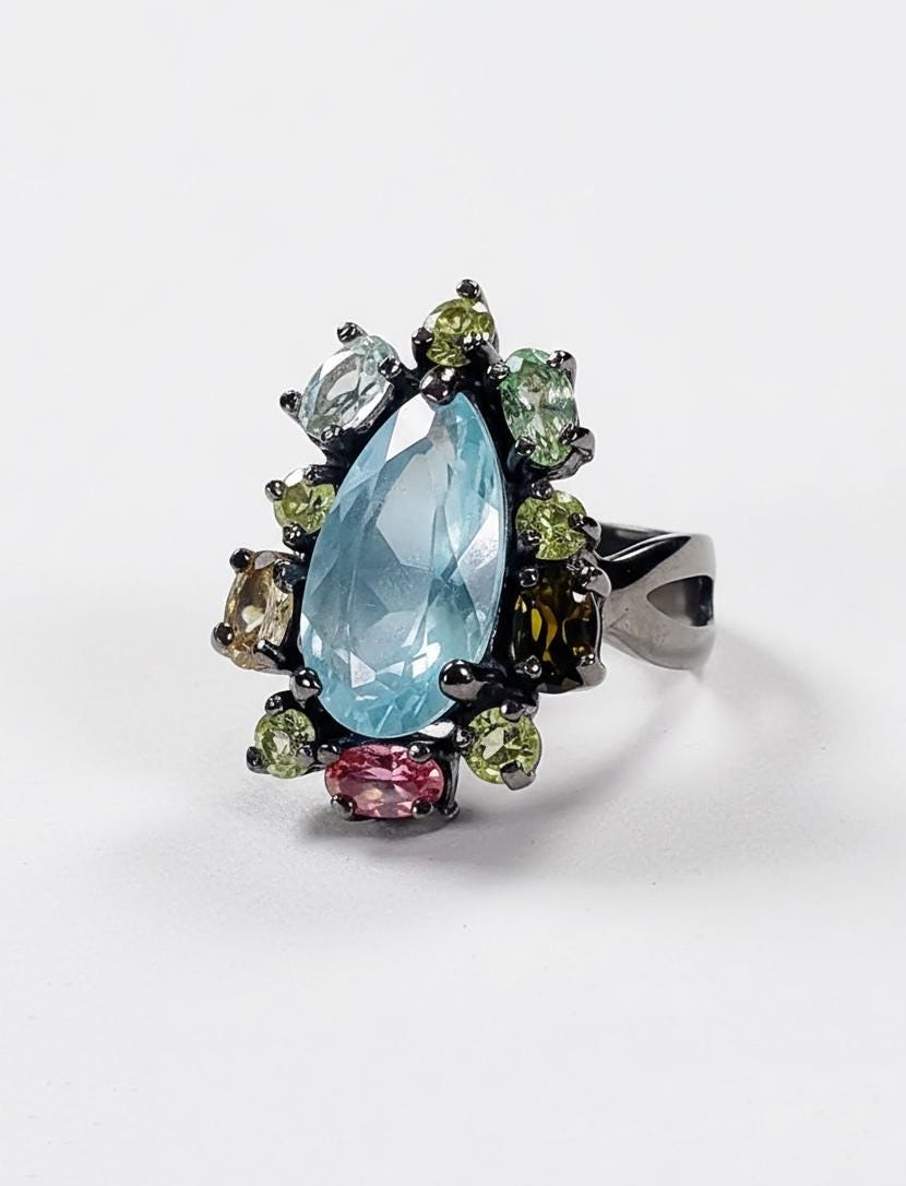 925 Sterling Silver Kyanite Tourmaline Ring, side view