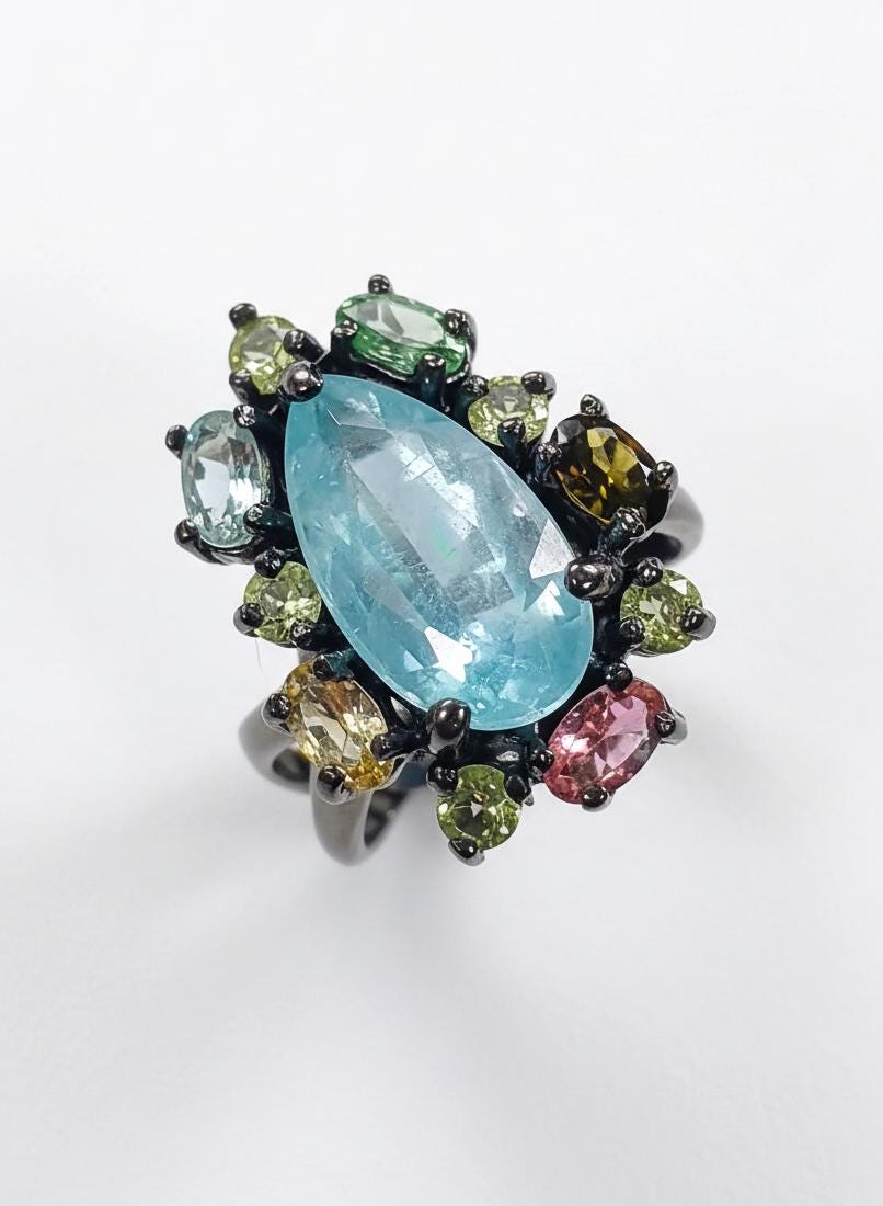 925 Sterling Silver Kyanite Tourmaline Ring, worn on hand