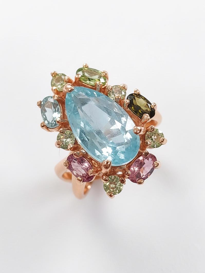 925 Sterling Silver Kyanite Tourmaline Ring, worn look