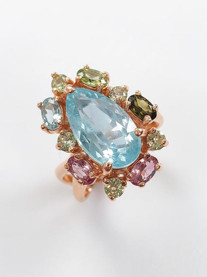 925 Sterling Silver Kyanite Tourmaline Ring, worn look