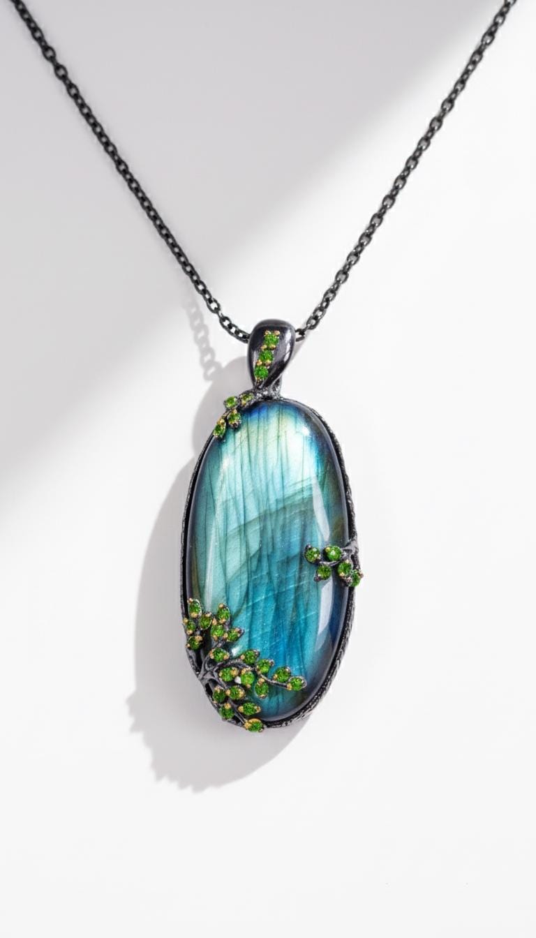 925 Sterling Silver Labradorite Necklace, close-up detail