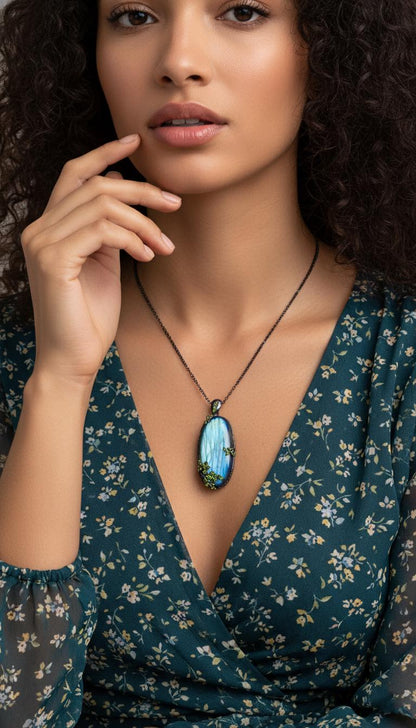 925 Sterling Silver Labradorite Necklace, worn view
