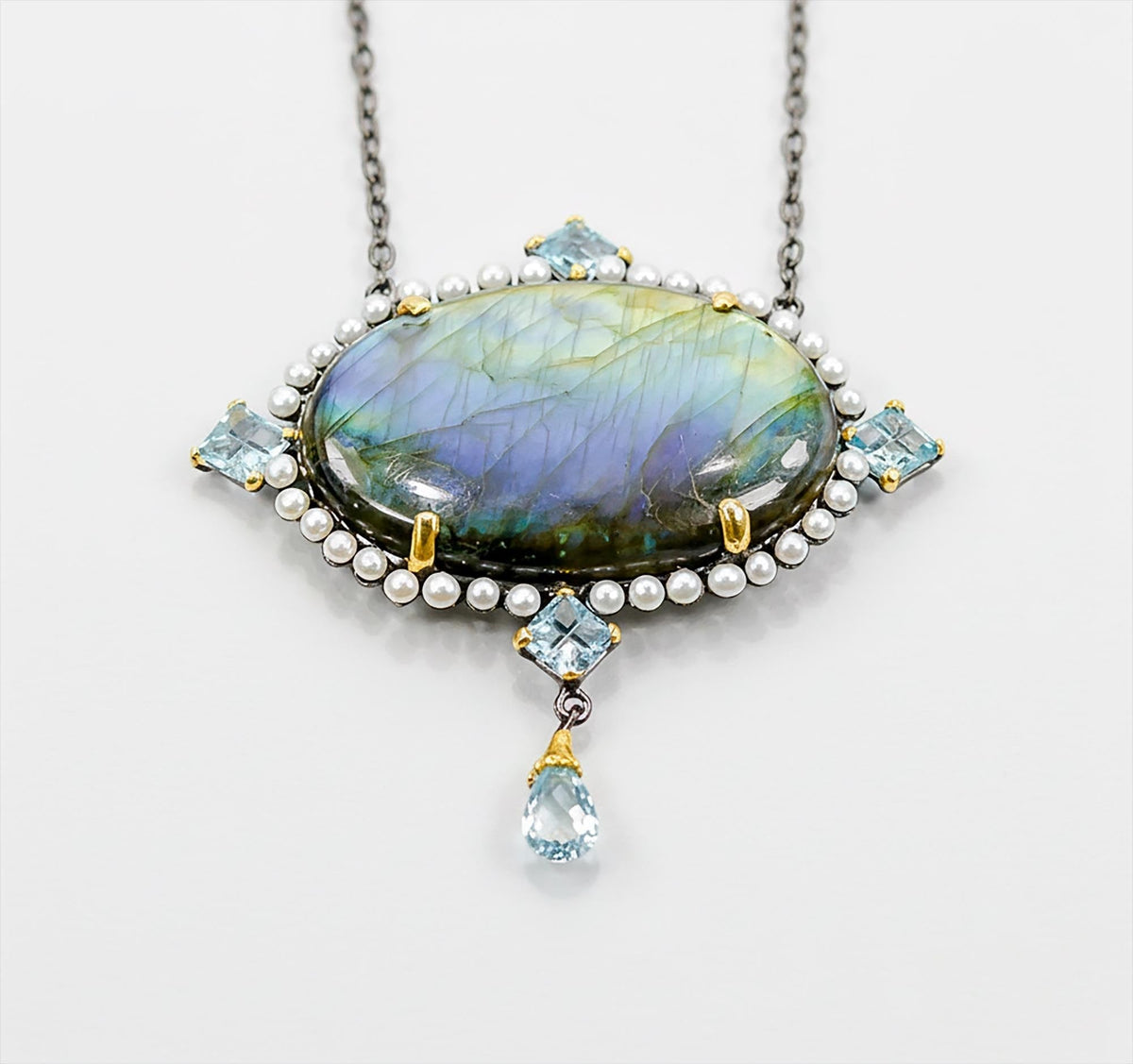 925 Sterling Silver Blue Labradorite Necklace, close-up detail