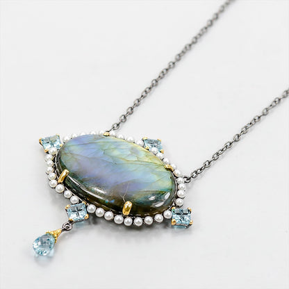 925 Sterling Silver Blue Labradorite Necklace, worn view