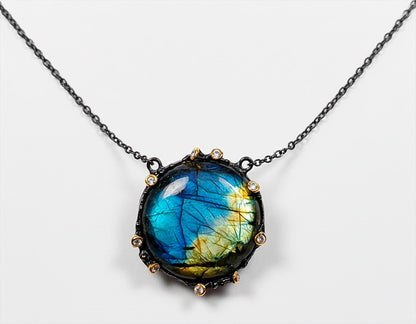 925 Sterling Silver Labradorite Necklace, worn view