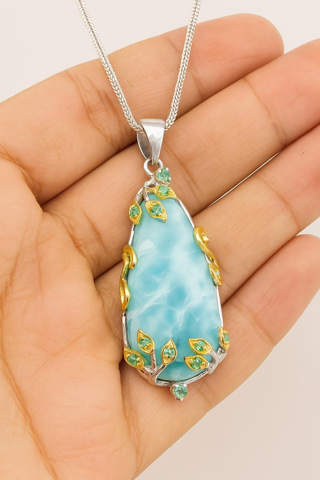 925 Sterling Silver Larimar Necklace, close-up detail