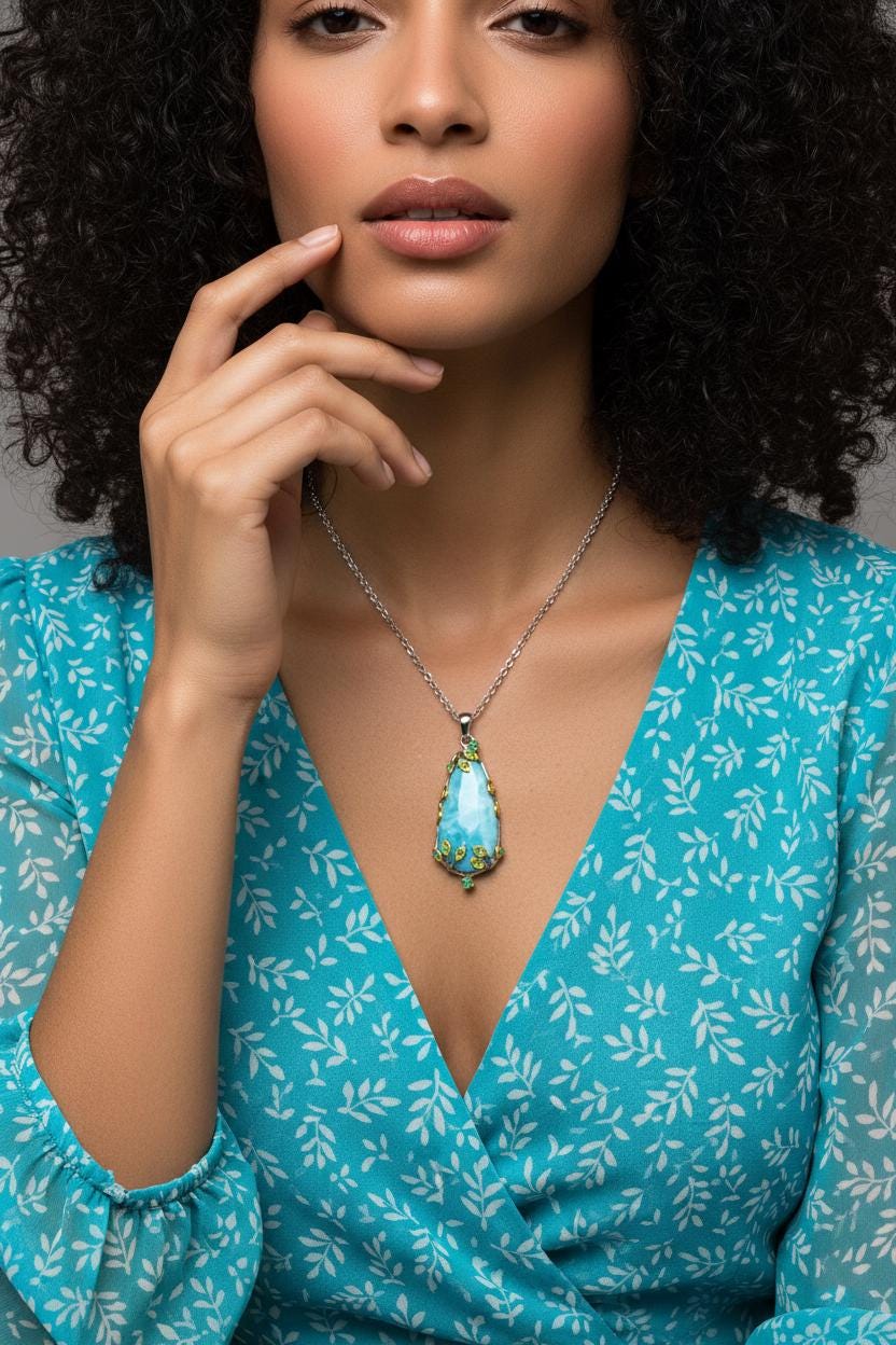 925 Sterling Silver Larimar Necklace, worn view