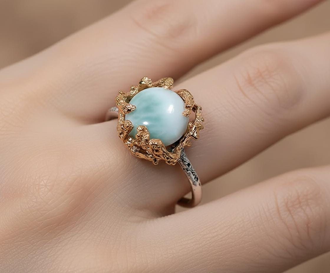 925 Sterling Silver Larimar Ring, worn on hand