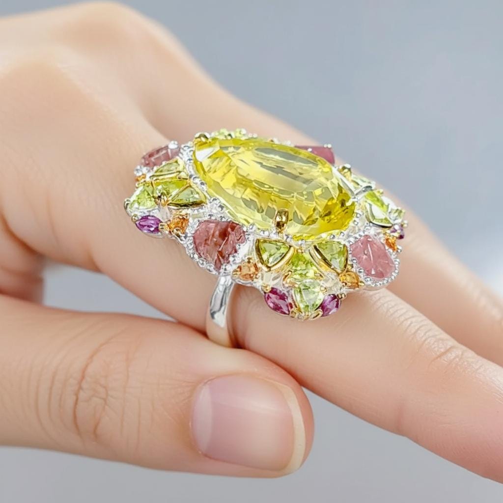 925 Sterling Silver Lemon Quartz Ring, close-up detail