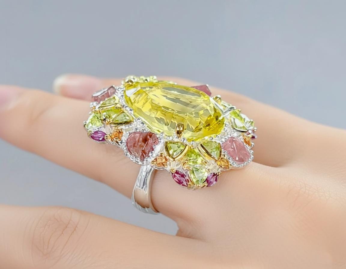 925 Sterling Silver Lemon Quartz Ring, worn on hand