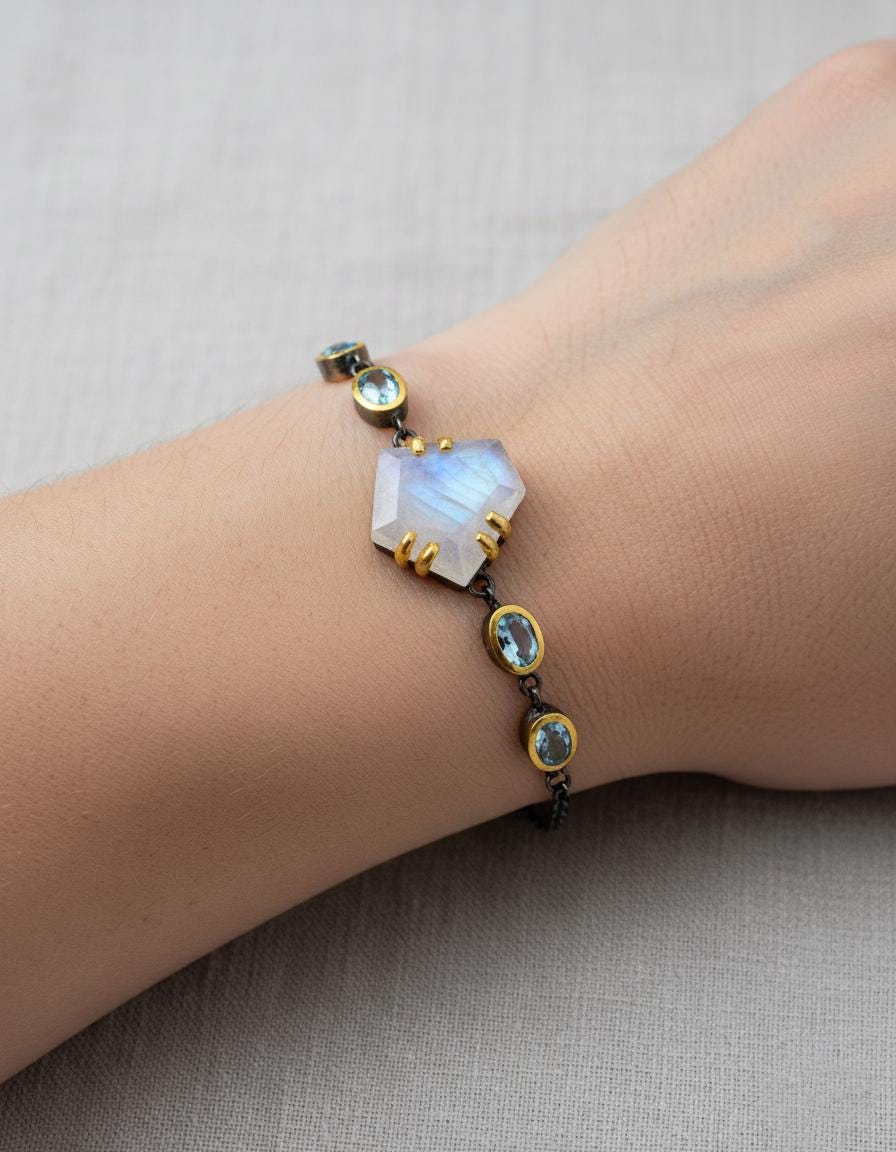 925 Sterling Silver Moonstone Bracelet, alternate angle