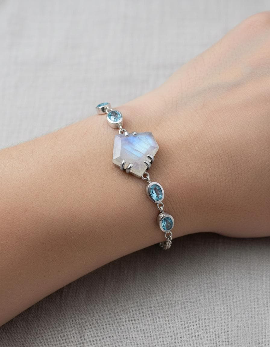 925 Sterling Silver Moonstone Bracelet, worn on wrist
