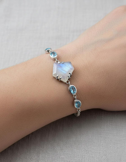 925 Sterling Silver Moonstone Bracelet, worn on wrist