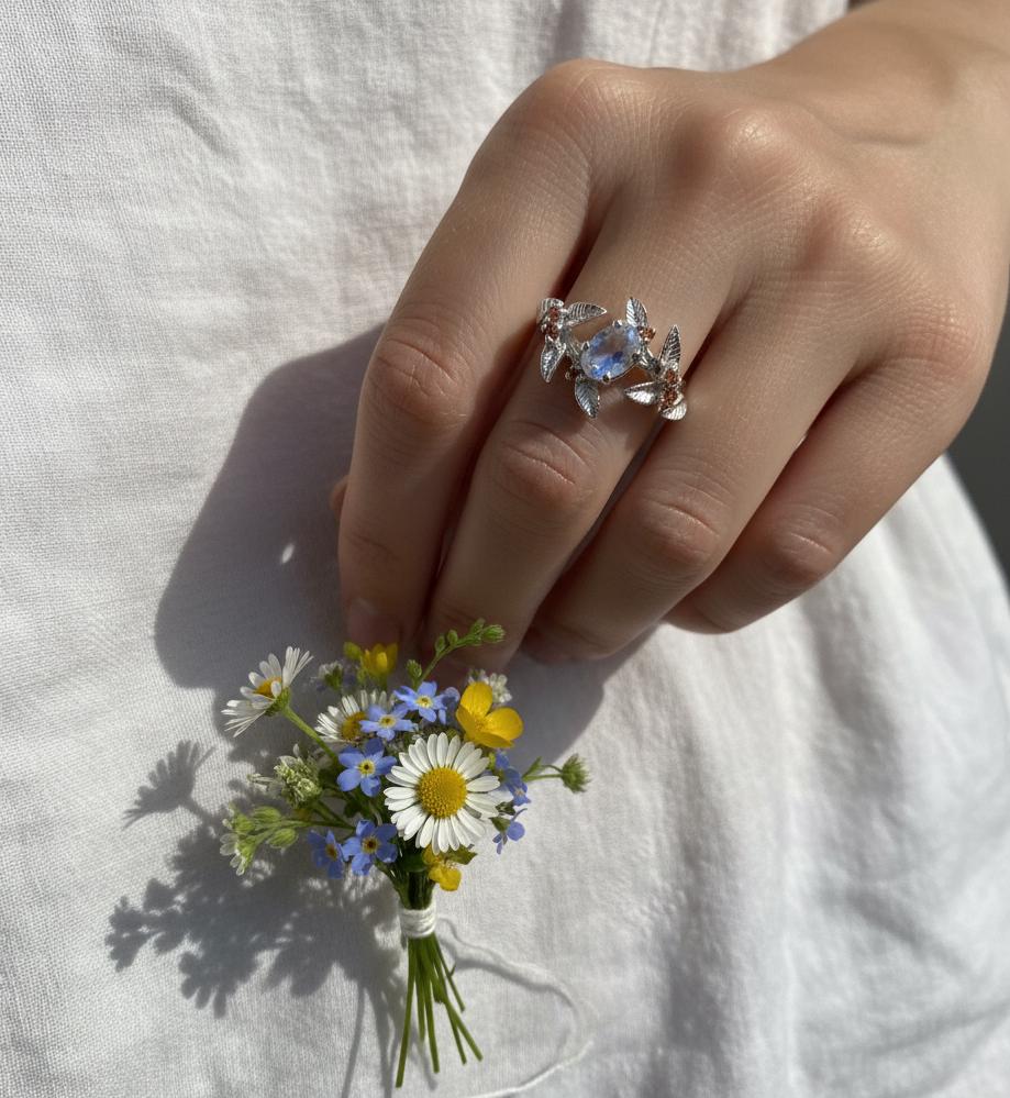 925 Sterling Silver Moonstone Ring, close-up detail
