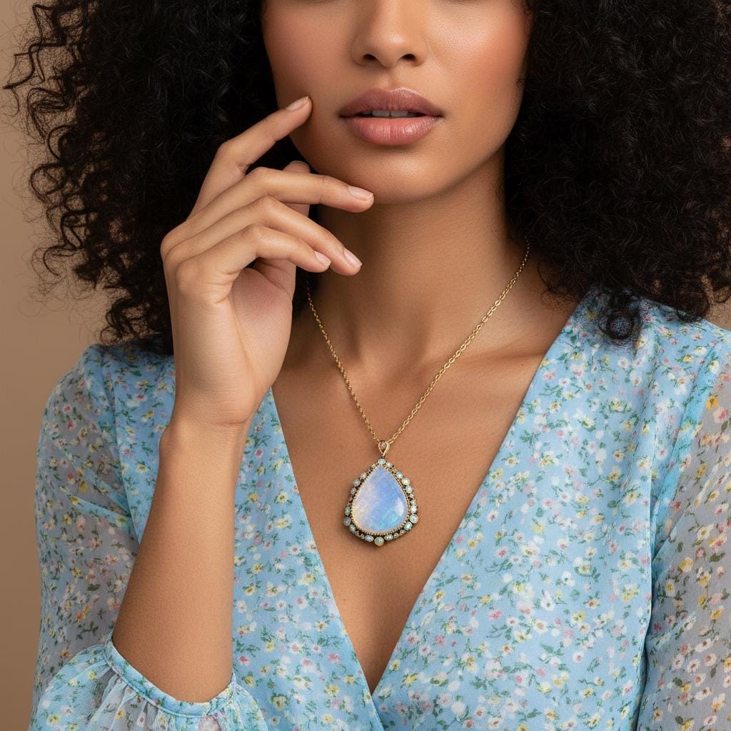 925 Sterling Silver Moonstone Necklace, close-up detail