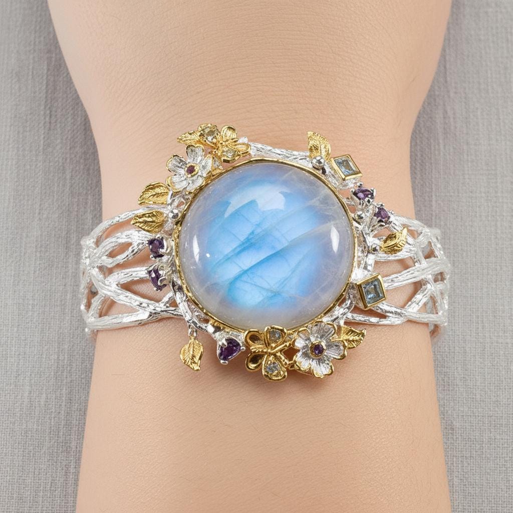 925 Sterling Silver Moonstone Bracelet, close-up detail