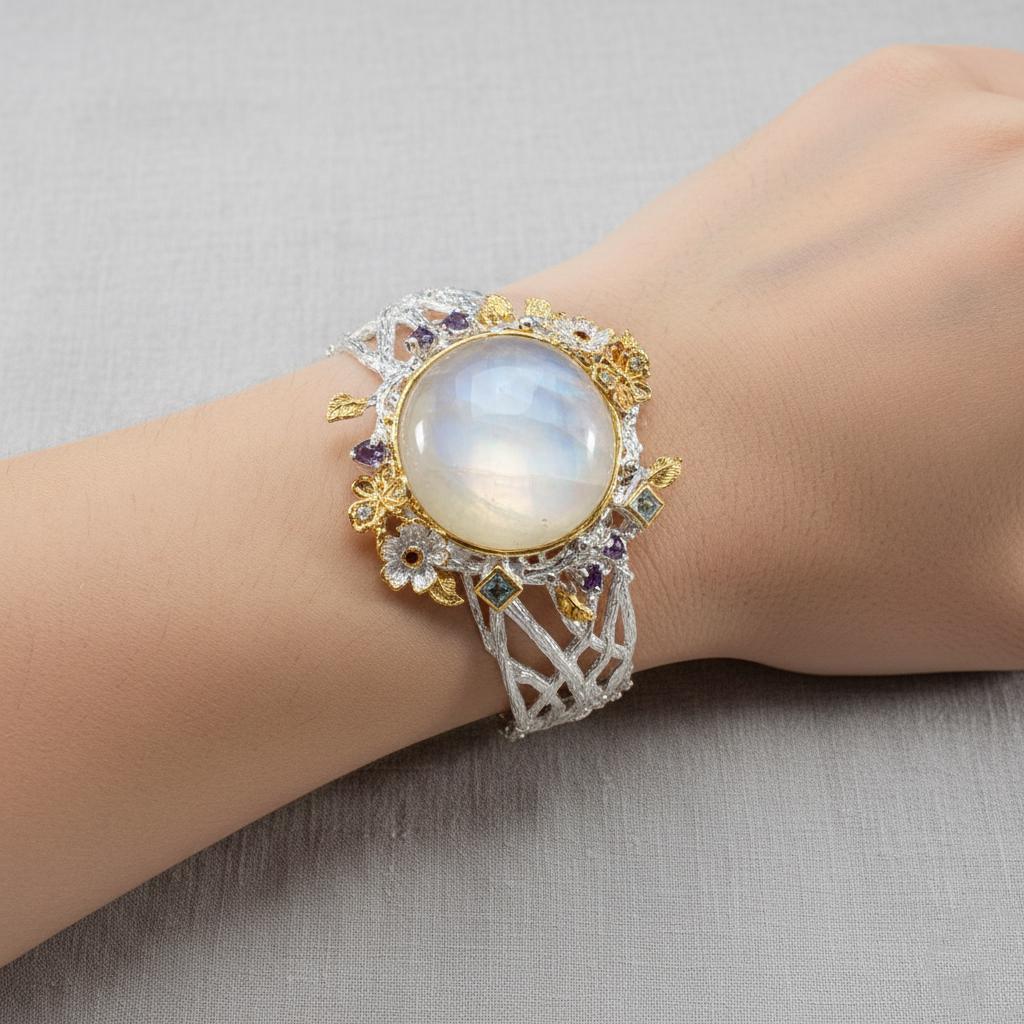 925 Sterling Silver Moonstone Bracelet, worn on wrist