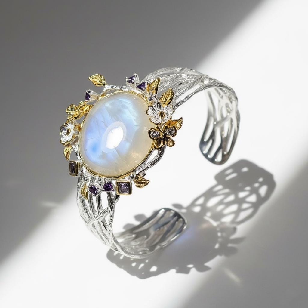 925 Sterling Silver Moonstone Bracelet, additional angle