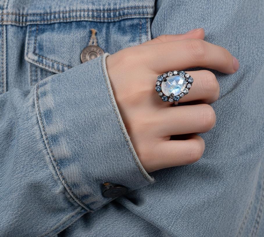 925 Sterling Silver Moonstone Ring, worn on hand