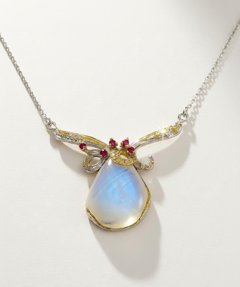 925 Sterling Silver Moonstone Necklace, texture close-up