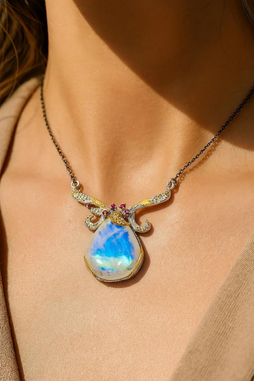 925 Sterling Silver Moonstone Necklace, close-up detail
