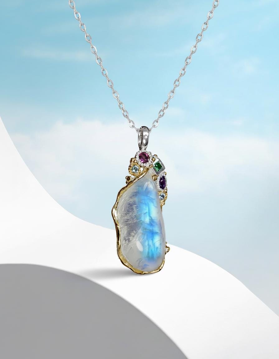 925 Sterling Silver Moonstone Necklace, close-up detail