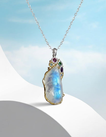 925 Sterling Silver Moonstone Necklace, close-up detail