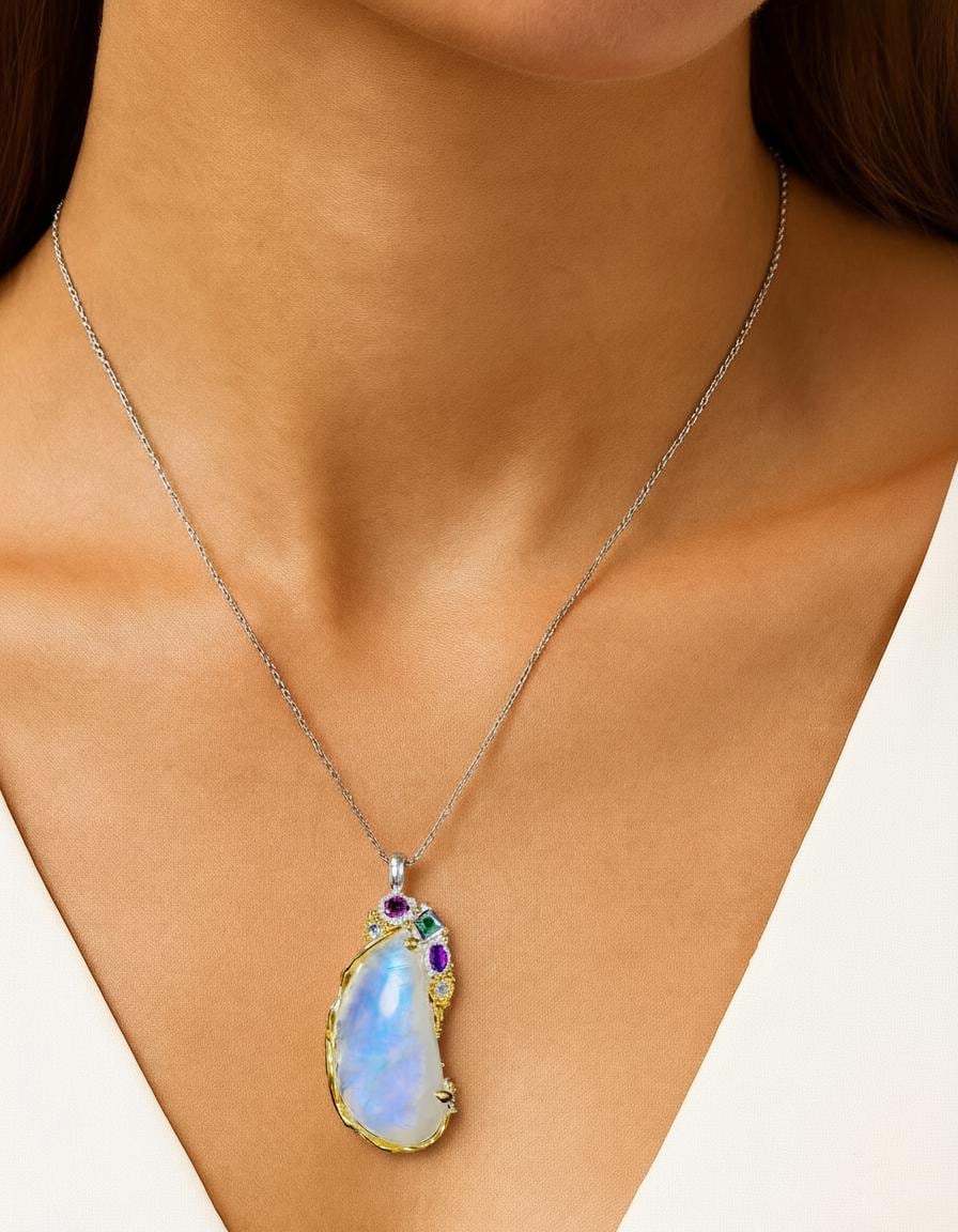 925 Sterling Silver Moonstone Necklace, layered look