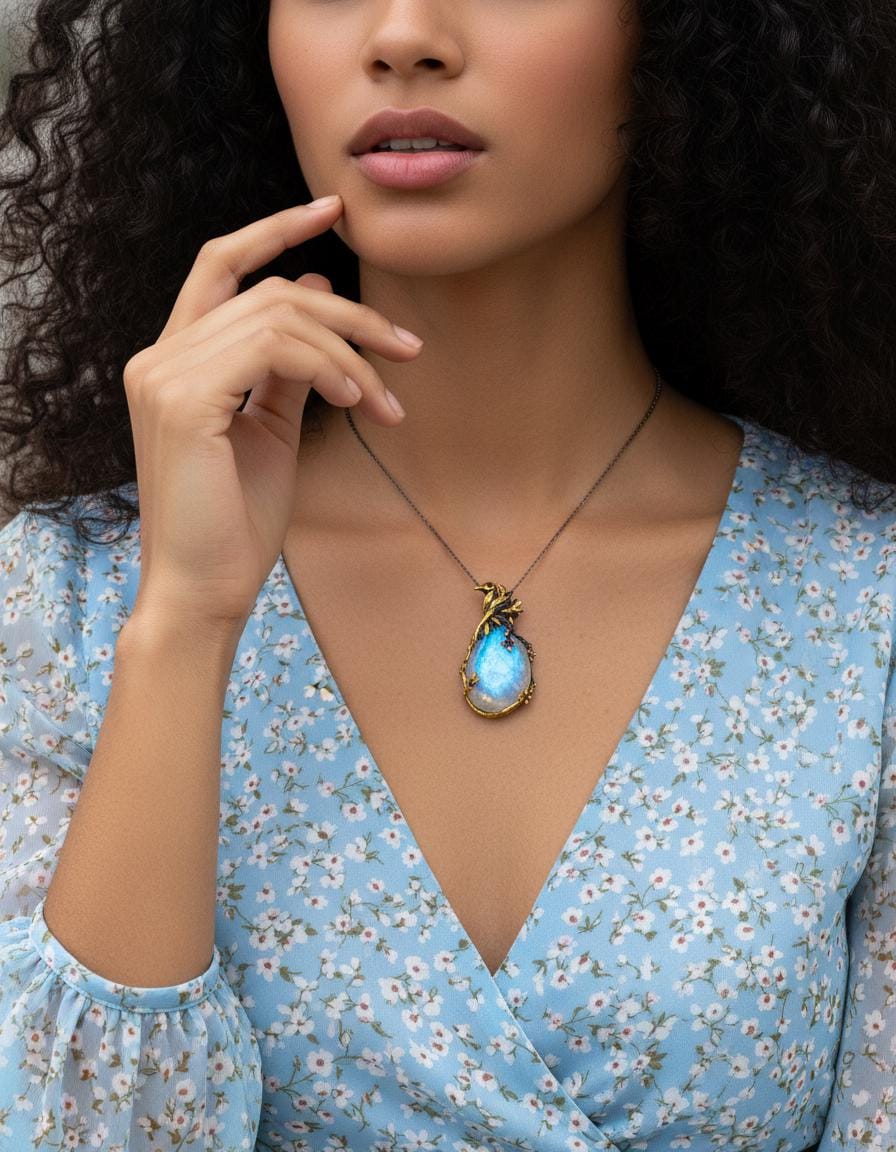 925 Sterling Silver Moonstone Necklace, pendant detail
